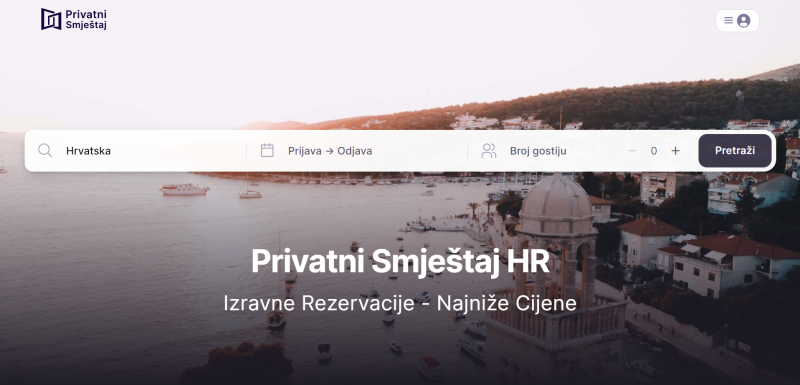 Naslovna stranica platforme PrivatniSmjestaj.hr
